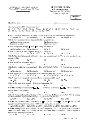 Đề 5 thi trắc nghiệm môn hóa 10 hè 2015 thời gian làm bài 45 phút trường THPT Nguyễn Trường Tộ - Vinh